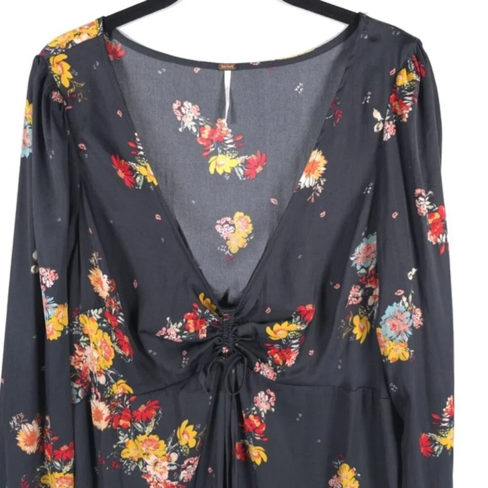 Free People Mini Dress Floral LS Slit Cuffs Tie Vneck Flare Silky Midnight LARGE